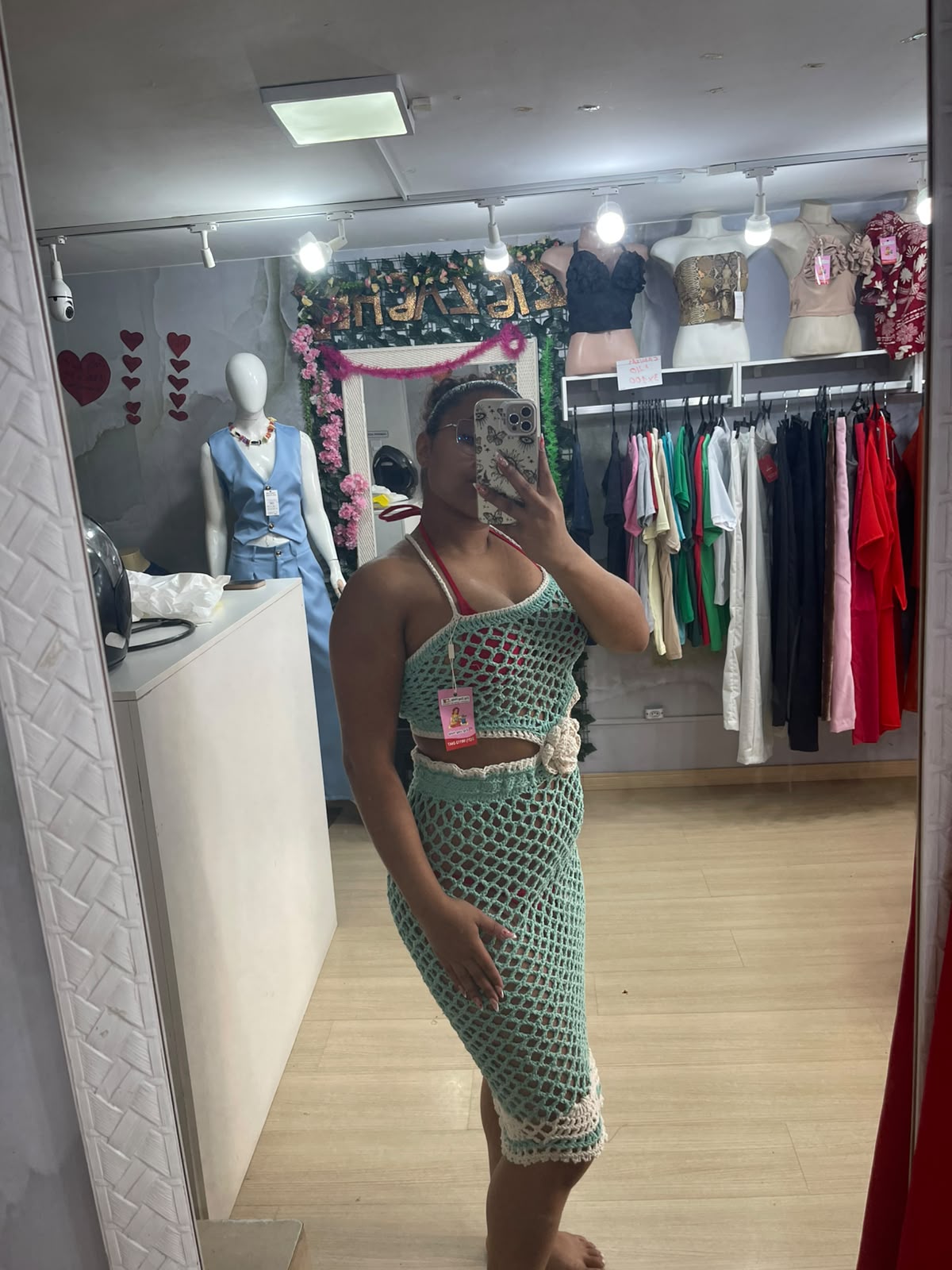 Conjunto de crochê verde, moda praia Zig Zag Help