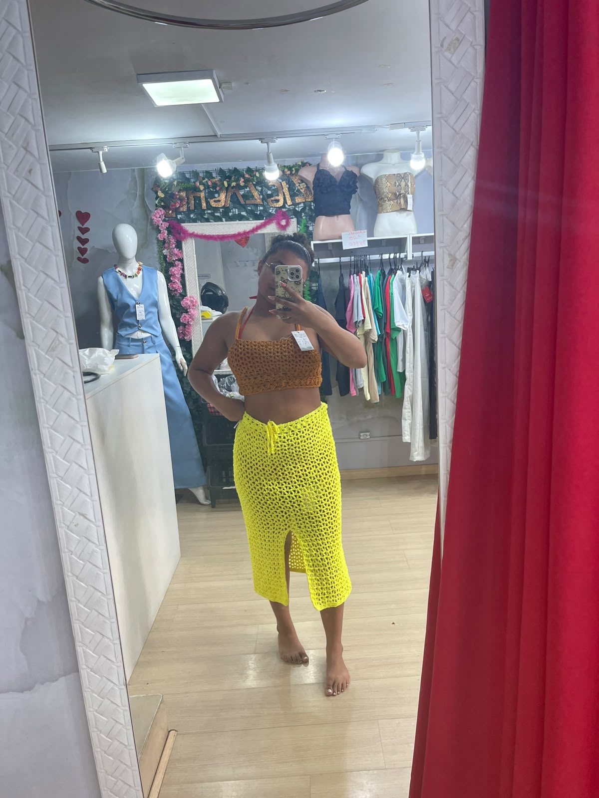 Conjunto de crochê amarelo e marrom, moda praia Zig Zag Help
